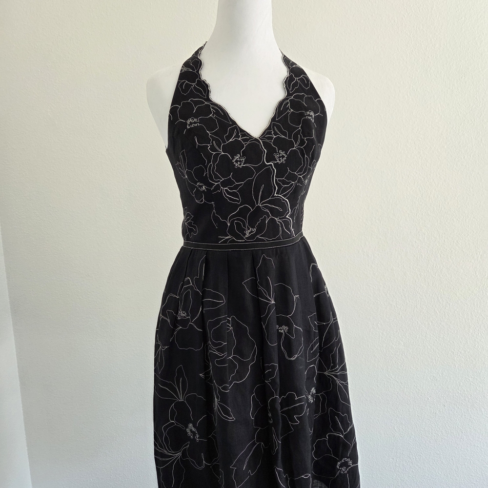 Ann Taylor Elegant Black Floral Halter Dress